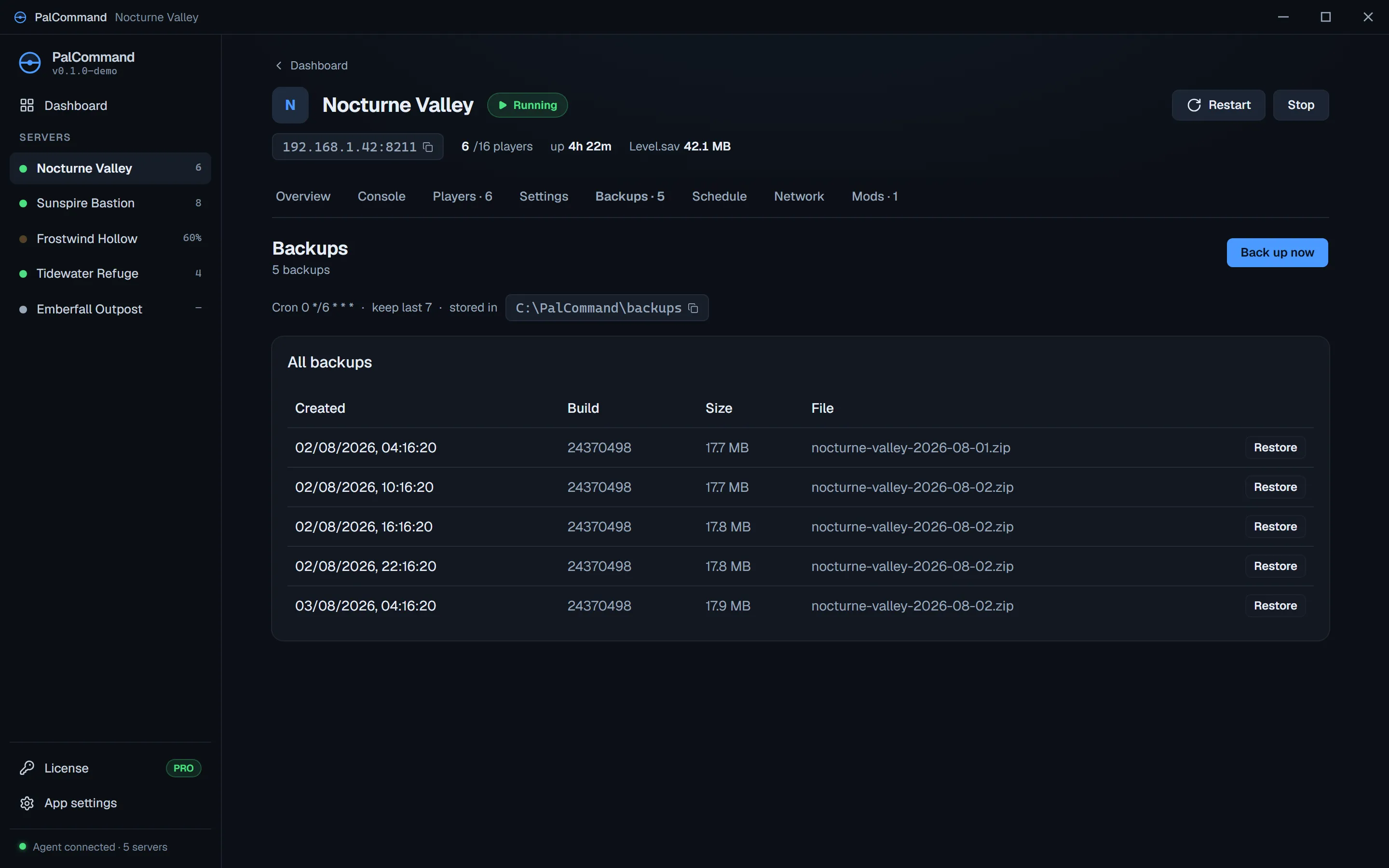Verified PalCommand backup history with restore actions