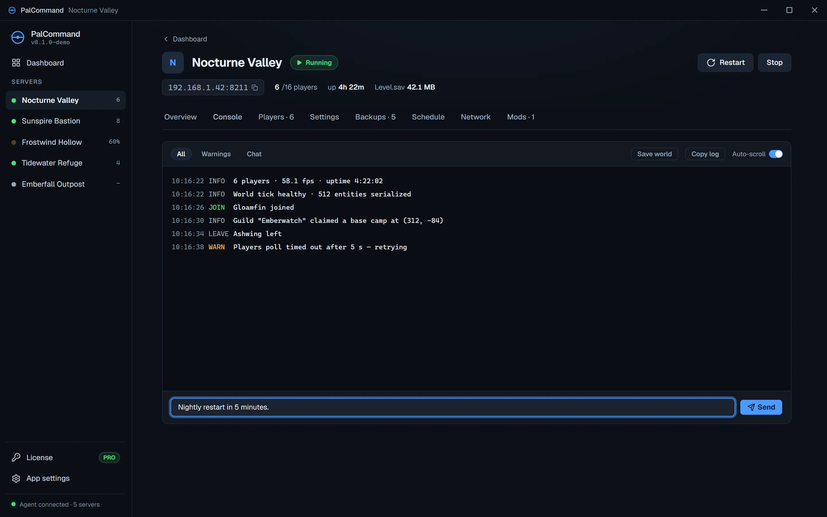 PalCommand console showing server events and player broadcast controls