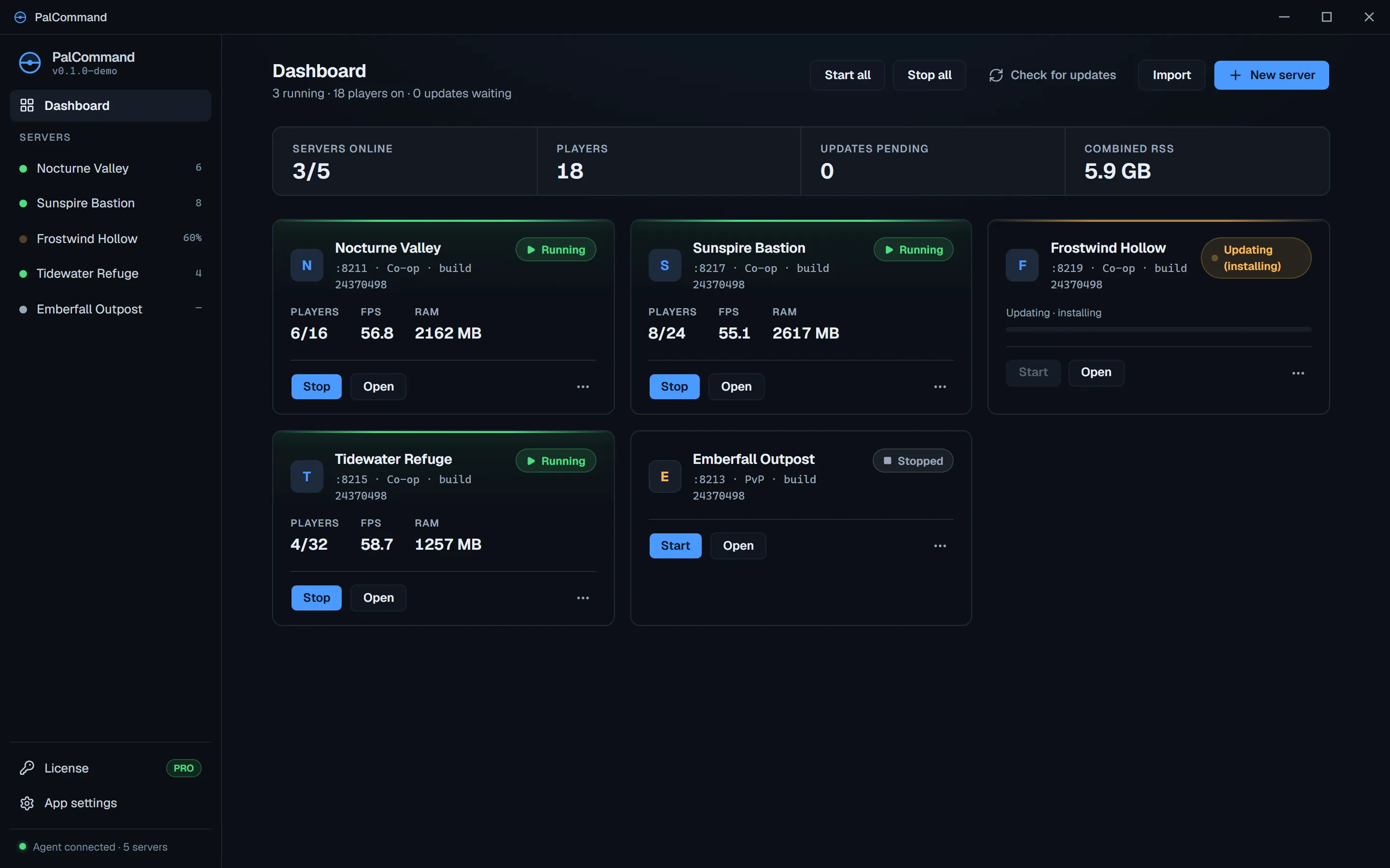 PalCommand dashboard with an example fleet of five servers showing running, updating, and stopped states, player counts, memory, and update status
