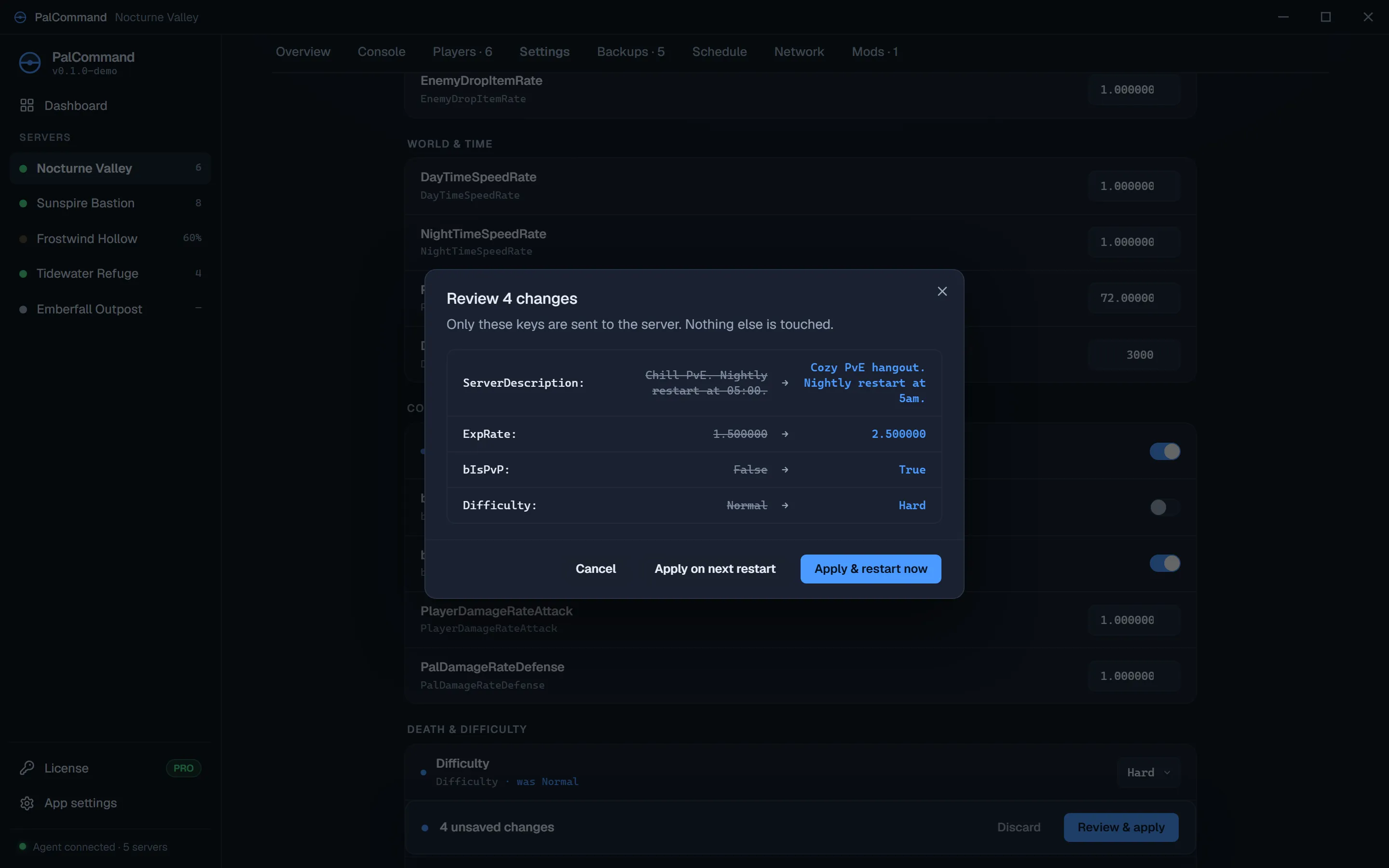 PalCommand settings review showing exact changes before they are saved